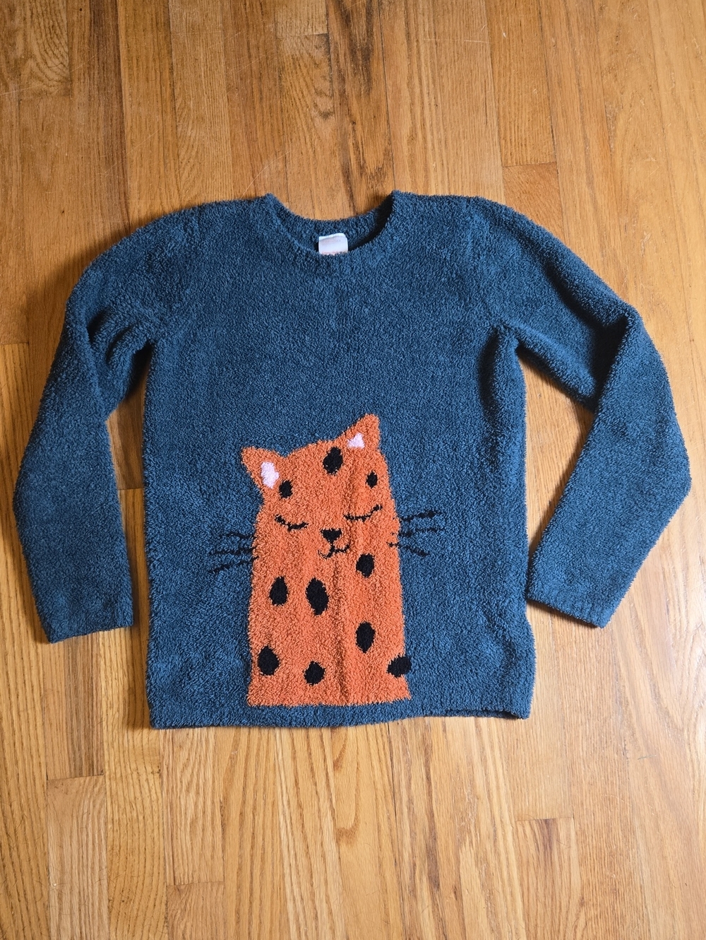 Hanna Andersson teal chenille cat sweater, 130/8